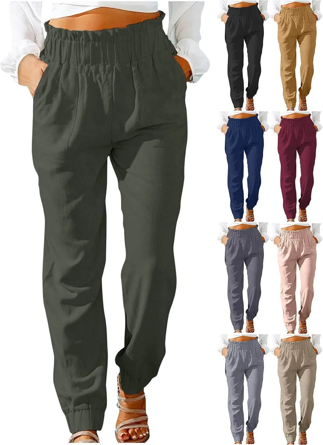 Womens Elastic Waist Cotton Linen Trousers Solid Color Slacks Lightweight Business Casual Pants Ladies Comfy Outfits