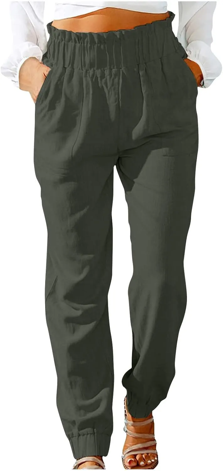 Womens Elastic Waist Cotton Linen Trousers Solid Color Slacks Lightweight Business Casual Pants Ladies Comfy Outfits