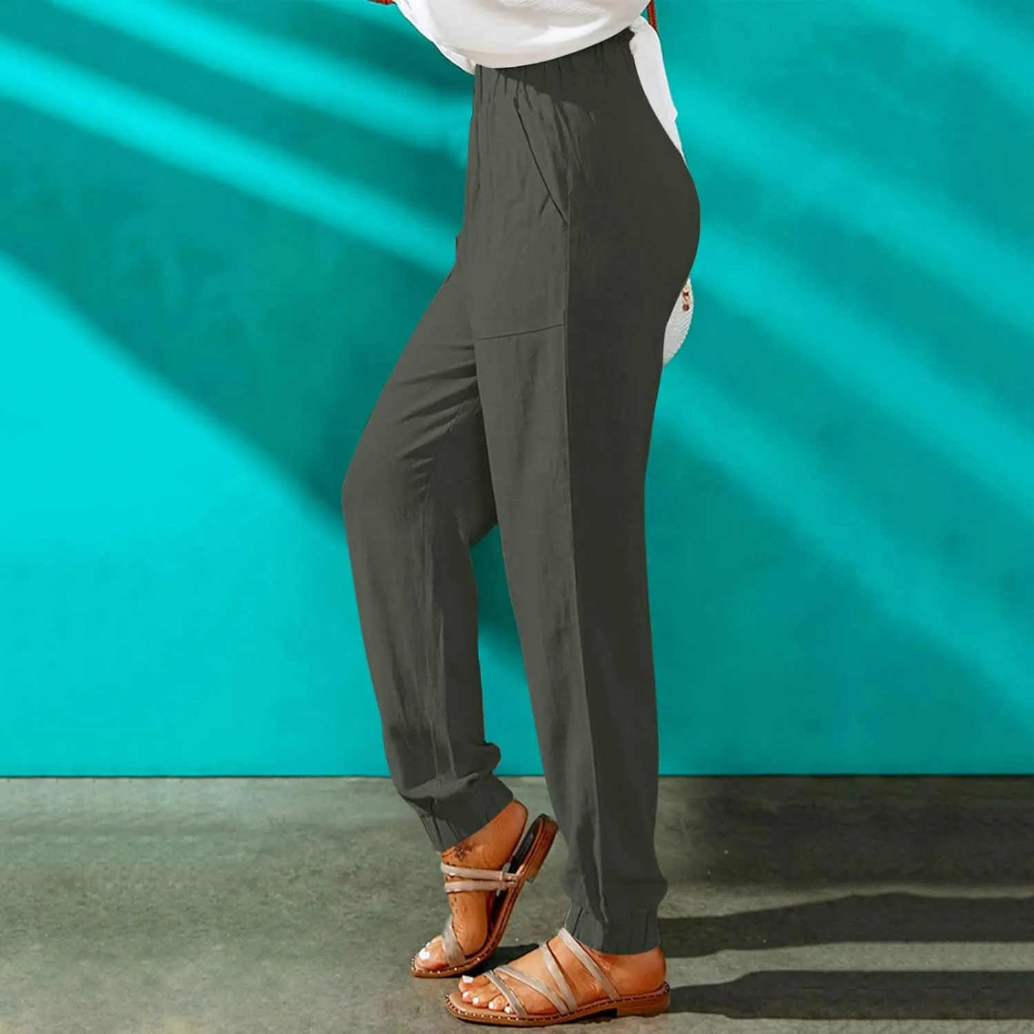 Womens Elastic Waist Cotton Linen Trousers Solid Color Slacks Lightweight Business Casual Pants Ladies Comfy Outfits