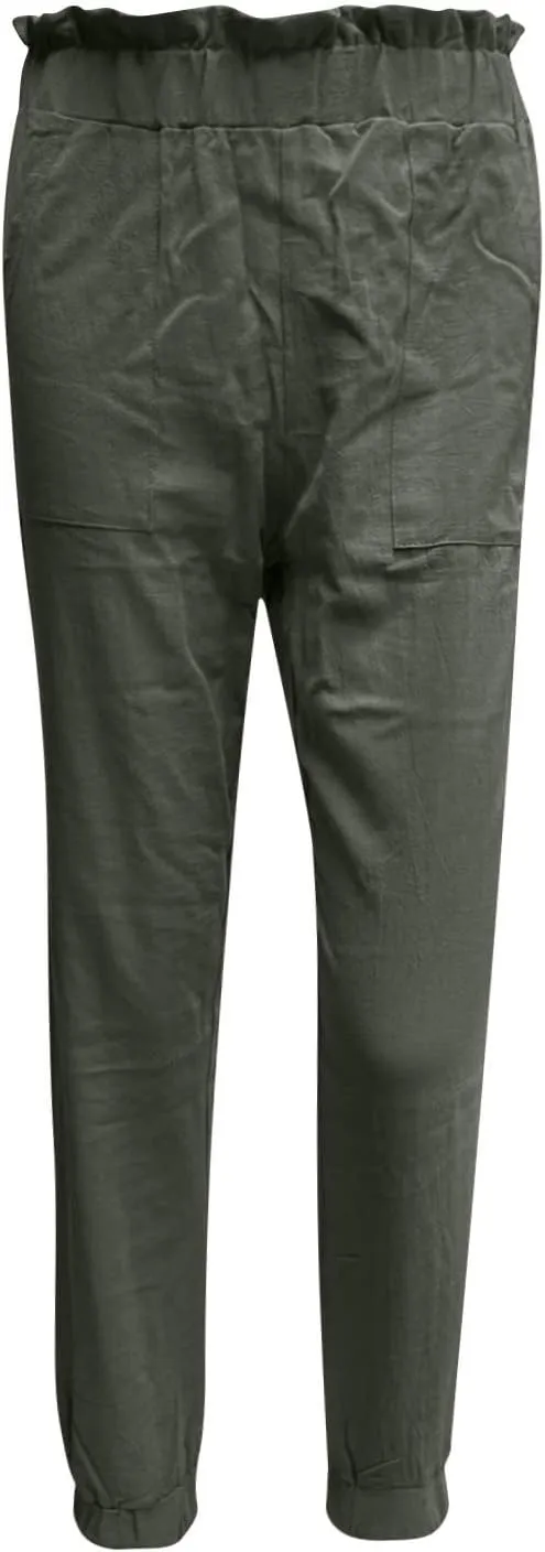 Womens Elastic Waist Cotton Linen Trousers Solid Color Slacks Lightweight Business Casual Pants Ladies Comfy Outfits