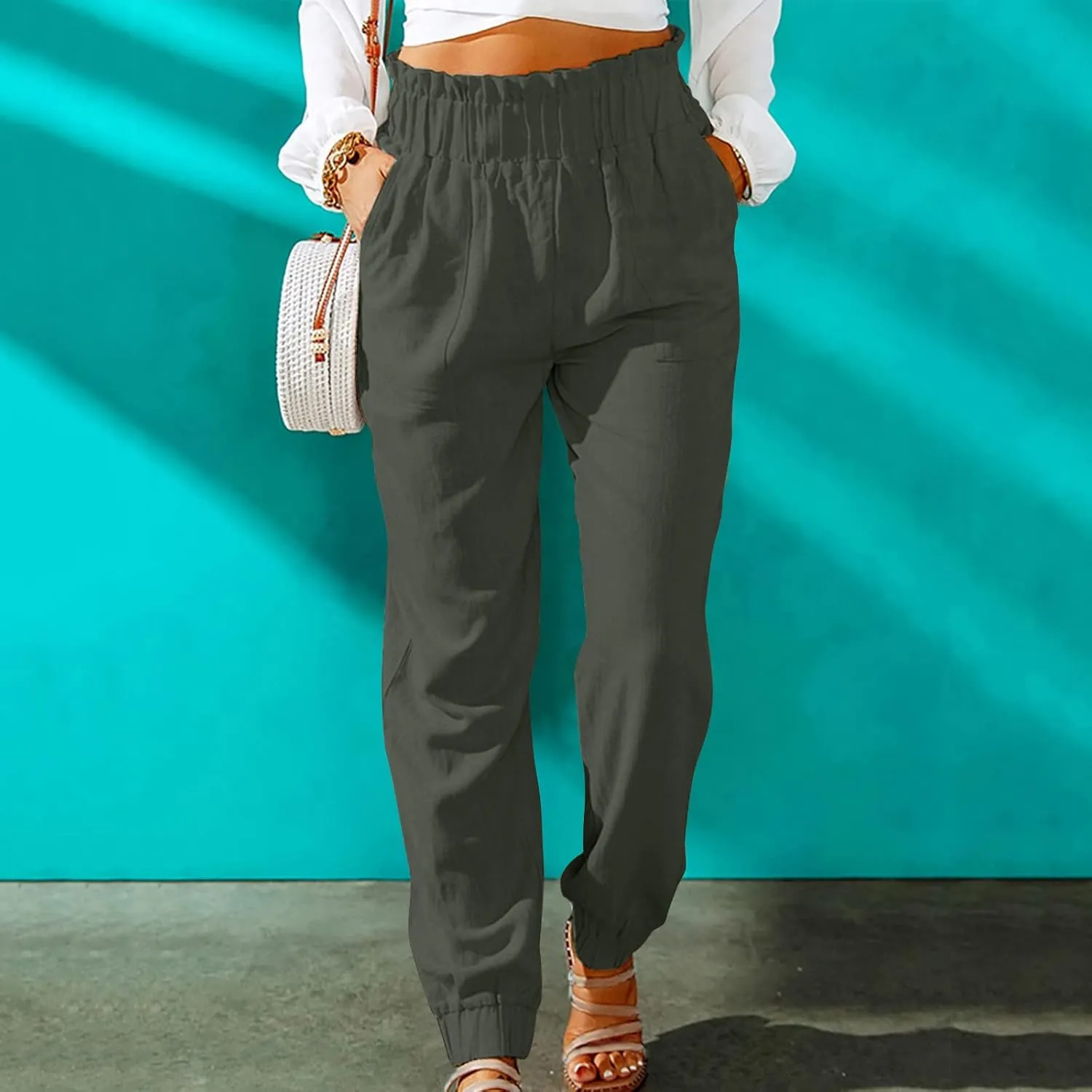 Womens Elastic Waist Cotton Linen Trousers Solid Color Slacks Lightweight Business Casual Pants Ladies Comfy Outfits