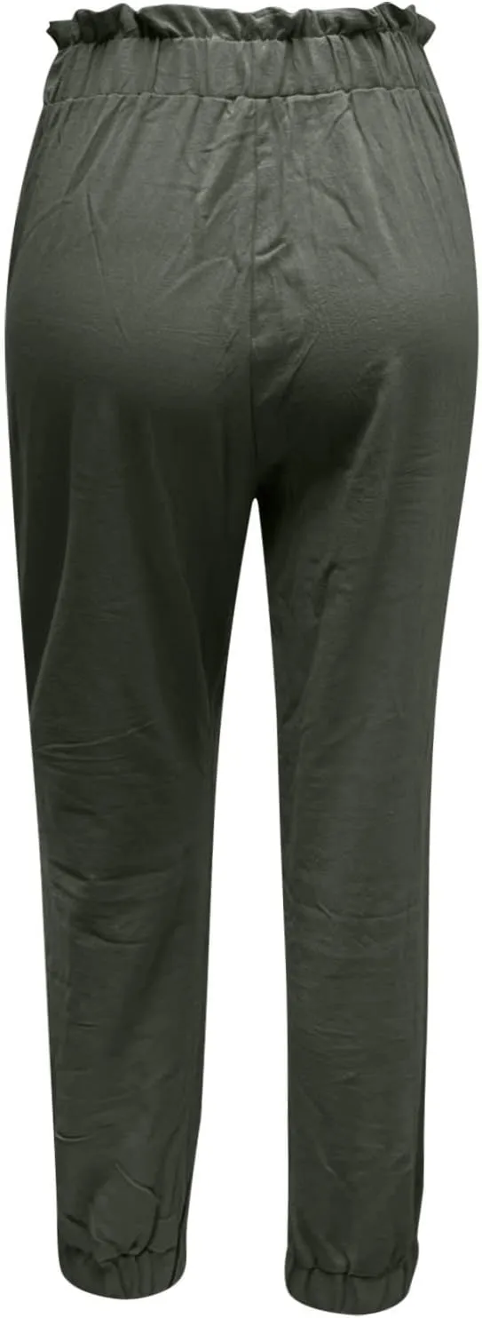 Womens Elastic Waist Cotton Linen Trousers Solid Color Slacks Lightweight Business Casual Pants Ladies Comfy Outfits