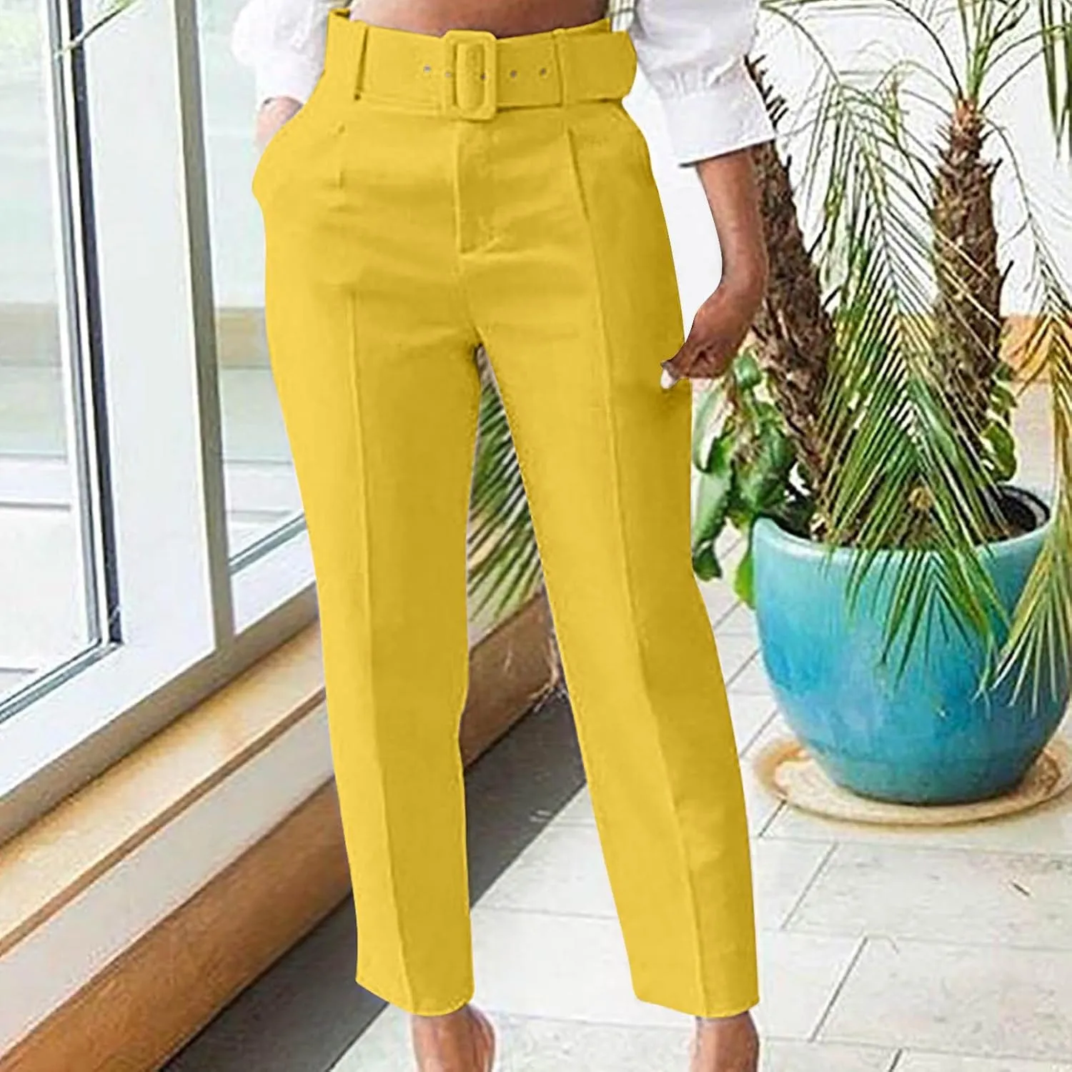 Women's Elegant High Waist Belted Pants Casual Pleated Straight Leg Trousers Office Suit Pants Trousers with Pockets