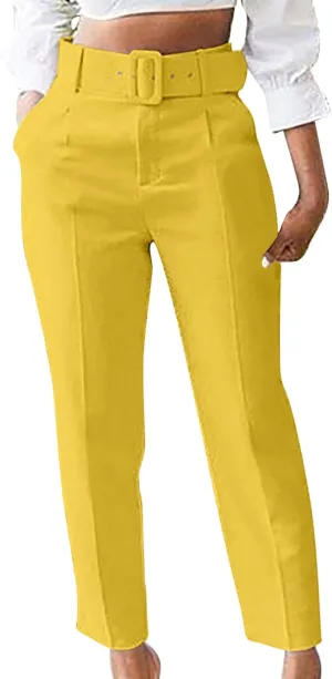 Women's Elegant High Waist Belted Pants Casual Pleated Straight Leg Trousers Office Suit Pants Trousers with Pockets