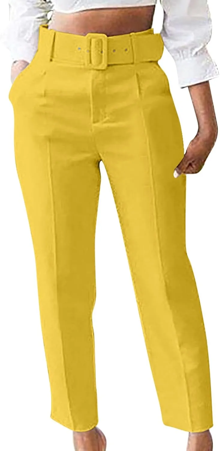 Women's Elegant High Waist Belted Pants Casual Pleated Straight Leg Trousers Office Suit Pants Trousers with Pockets