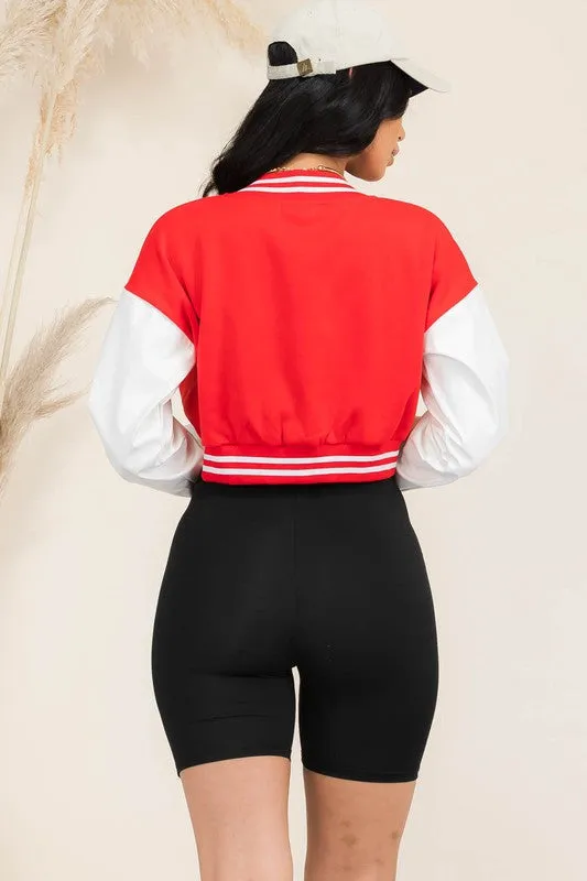 Women's Faux Leather Cropped Red/White Varsity Jacket