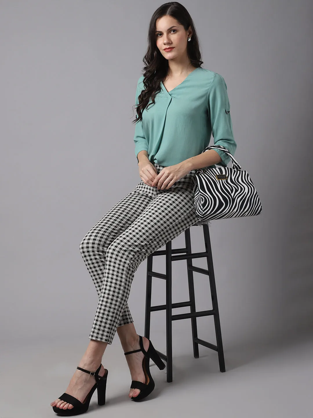 Women's  Flat Front Black Ivory Checks High rise Jeggings