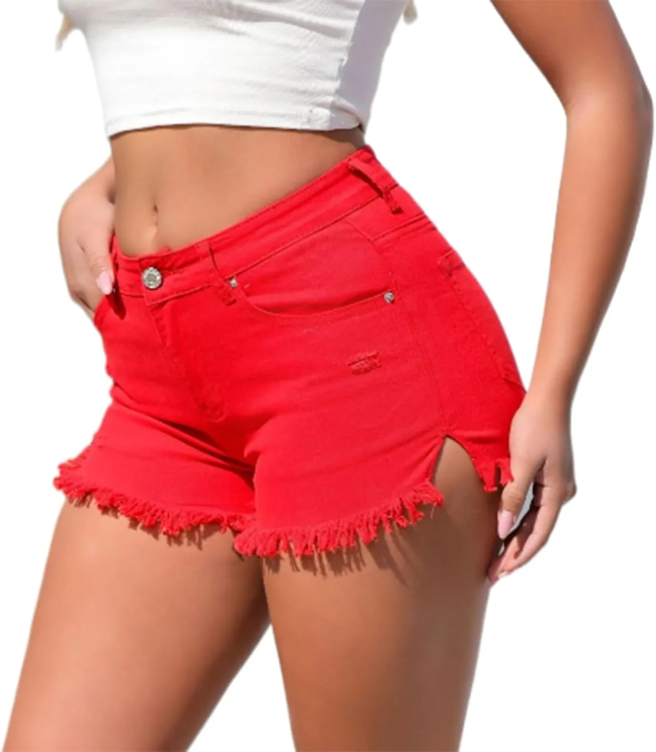 Women's Frayed Raw Hem Skinny Denim Shorts Mid Waist Stretchy Jean Shorts Casual Cuttoff Hot Short Pants with Pockets