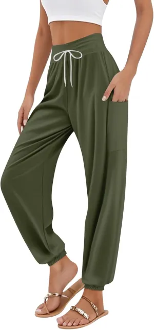 Women's Harem Pants, Hippie Palazzo Pants Boho Joggers High Waist Drawstring Trousers Flowy Clothes Pant with Pockets A1