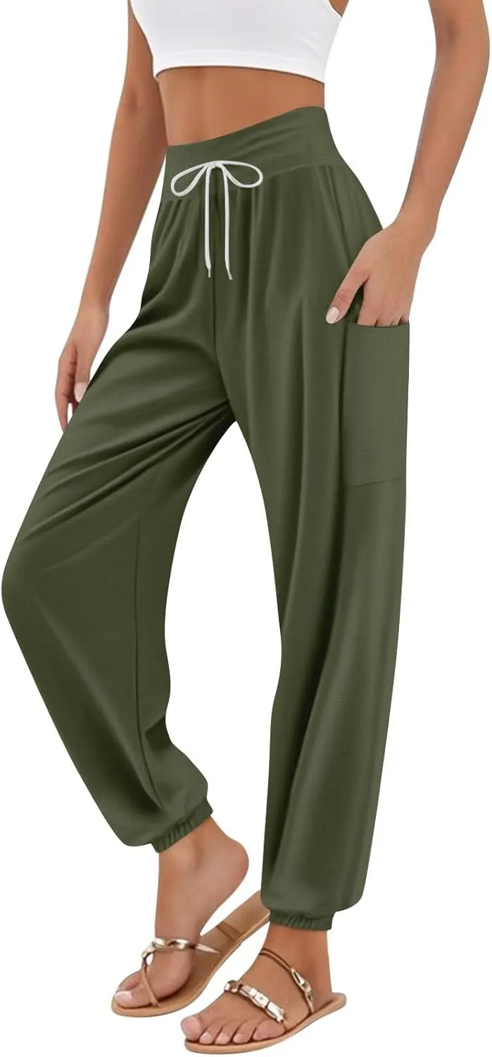 Women's Harem Pants, Hippie Palazzo Pants Boho Joggers High Waist Drawstring Trousers Flowy Clothes Pant with Pockets A1