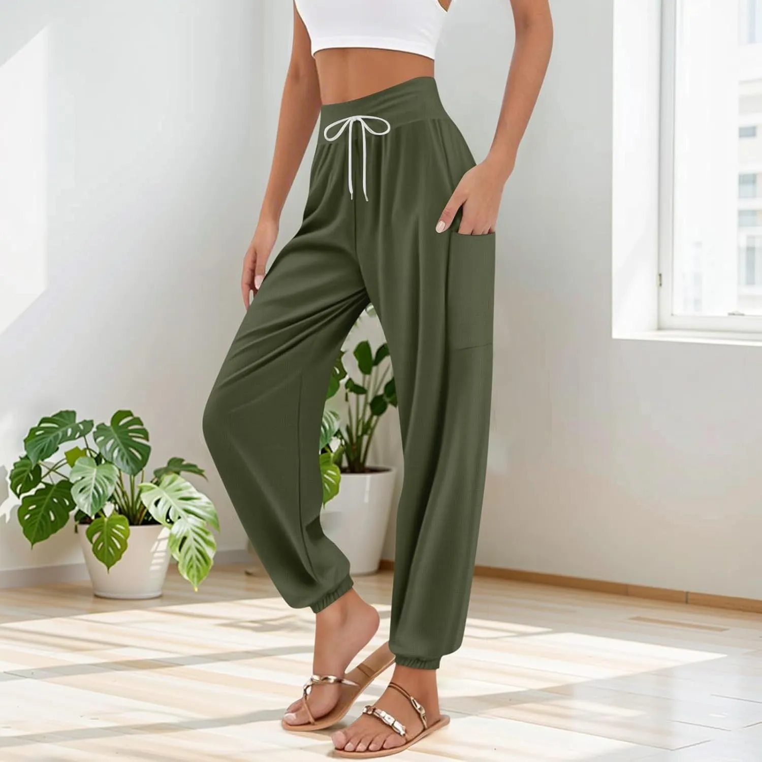 Women's Harem Pants, Hippie Palazzo Pants Boho Joggers High Waist Drawstring Trousers Flowy Clothes Pant with Pockets A1