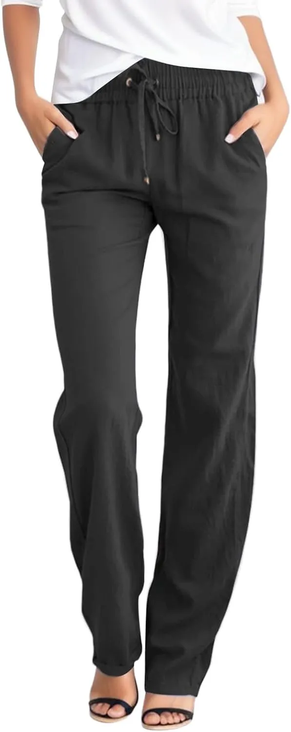 Womens High Waist Cotton Linen Pants Straight Leg Casual Loose Summer Beach Lightweight Drawstring Comfy Lounge Pants