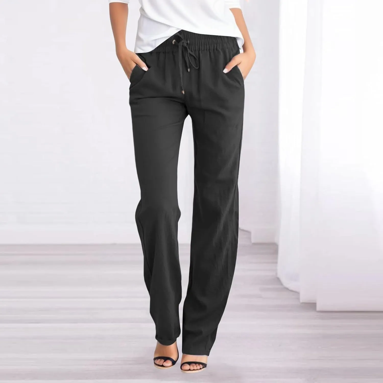 Womens High Waist Cotton Linen Pants Straight Leg Casual Loose Summer Beach Lightweight Drawstring Comfy Lounge Pants