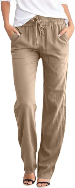 Womens High Waist Cotton Linen Pants Straight Leg Casual Loose Summer Beach Lightweight Drawstring Comfy Lounge Pants