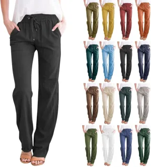 Womens High Waist Cotton Linen Pants Straight Leg Casual Loose Summer Beach Lightweight Drawstring Comfy Lounge Pants