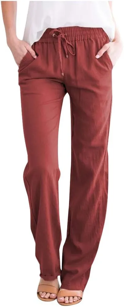 Womens High Waist Drawstring Comfy Casual Wide Leg Pants Lightweight Loose Solid Trousers with Pockets