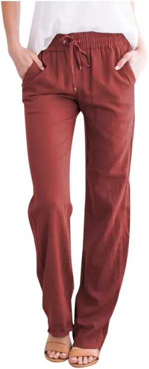 Womens High Waist Drawstring Comfy Casual Wide Leg Pants Lightweight Loose Solid Trousers with Pockets