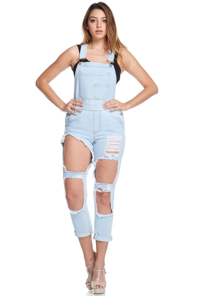 Women's Holey Ripped Denim Overalls