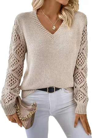 Women's Hollow Out Sweater V Neck Long Sleeve Knit Pullovers Top