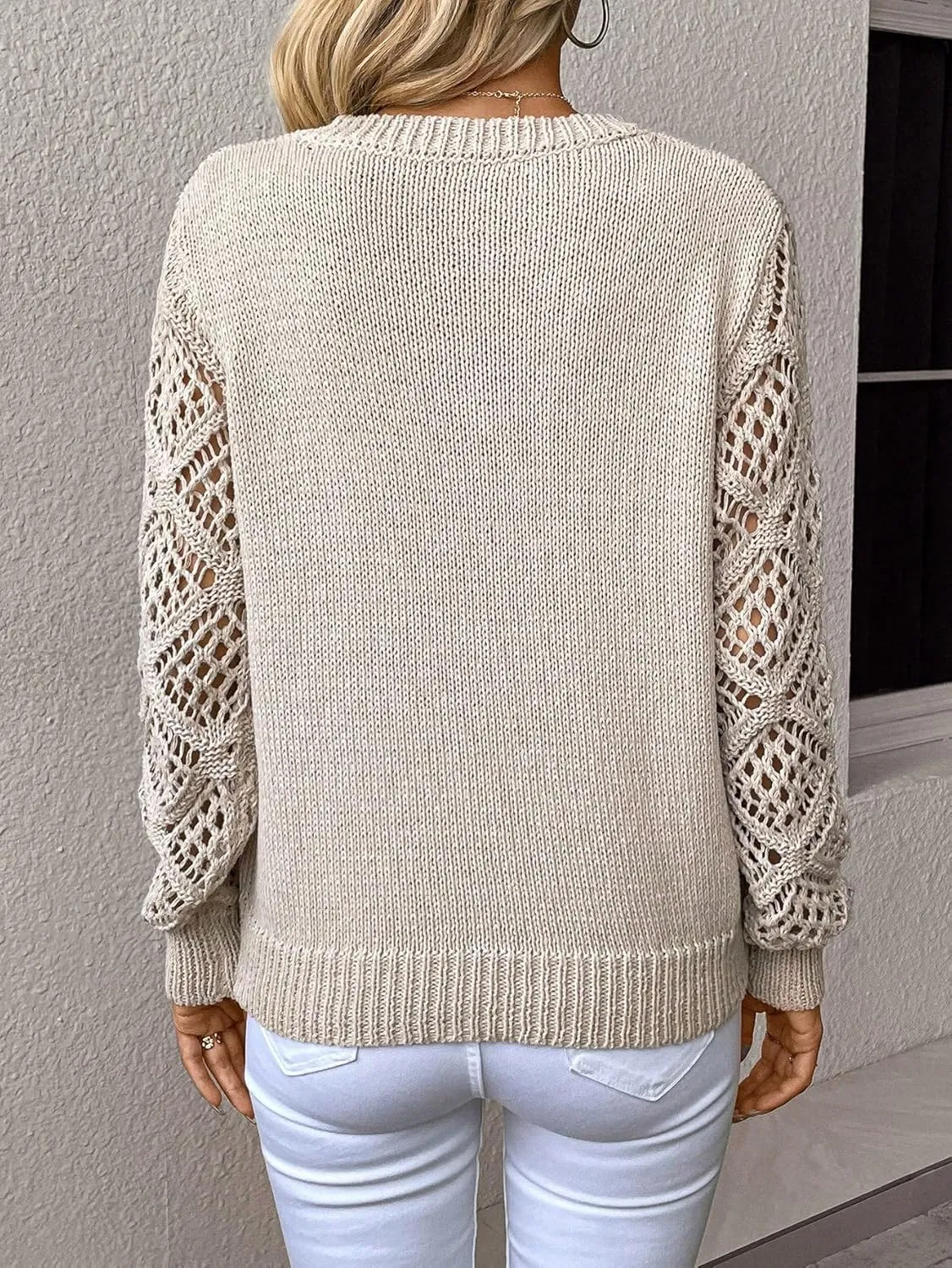 Women's Hollow Out Sweater V Neck Long Sleeve Knit Pullovers Top