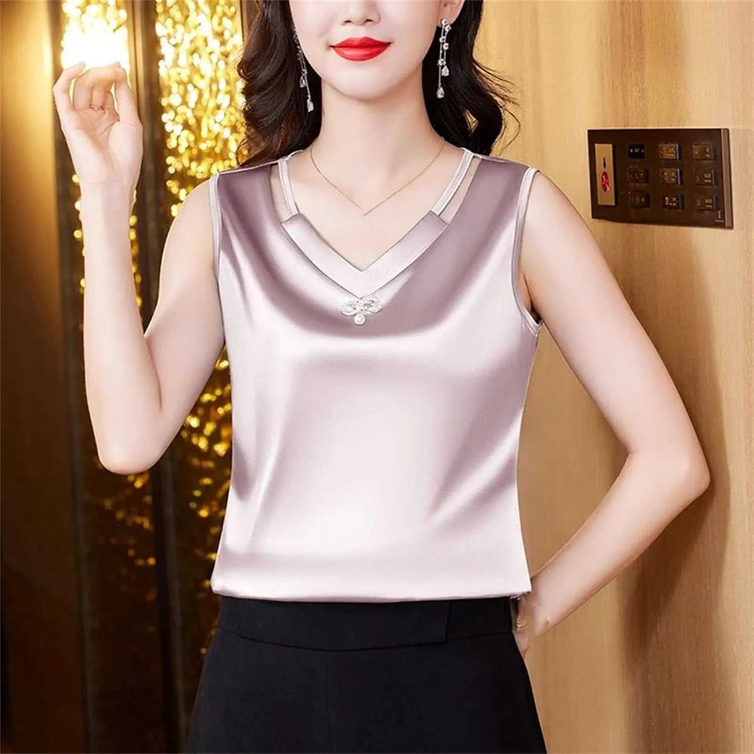 Women's Hollow Out Tank Top & Camisole - Summer Sleeveless V-Neck Business Vest Breathable Loose Fit Lounge Wear for Mother