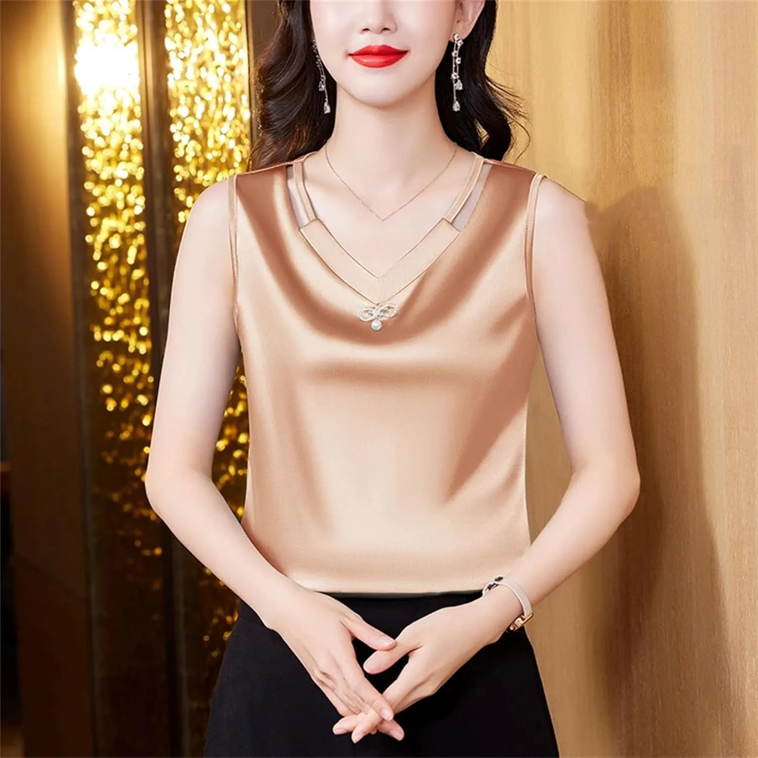 Women's Hollow Out Tank Top & Camisole - Summer Sleeveless V-Neck Business Vest Breathable Loose Fit Lounge Wear for Mother