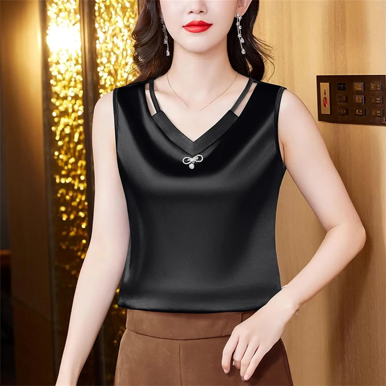 Women's Hollow Out Tank Top & Camisole - Summer Sleeveless V-Neck Business Vest Breathable Loose Fit Lounge Wear for Mother