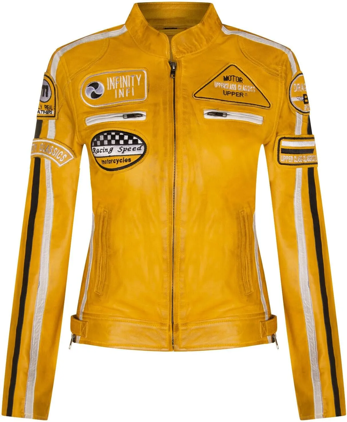 Womens Leather Biker Casual Racing Moto Badges Jacket