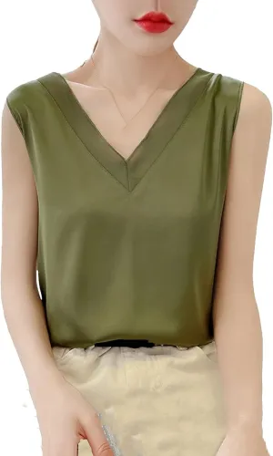 Women's Lightweight Satin Tank Top & Camisole Summer V-Neck Sleeveless Vest Loose Fit Casual Blouse to Wear Under Blazers