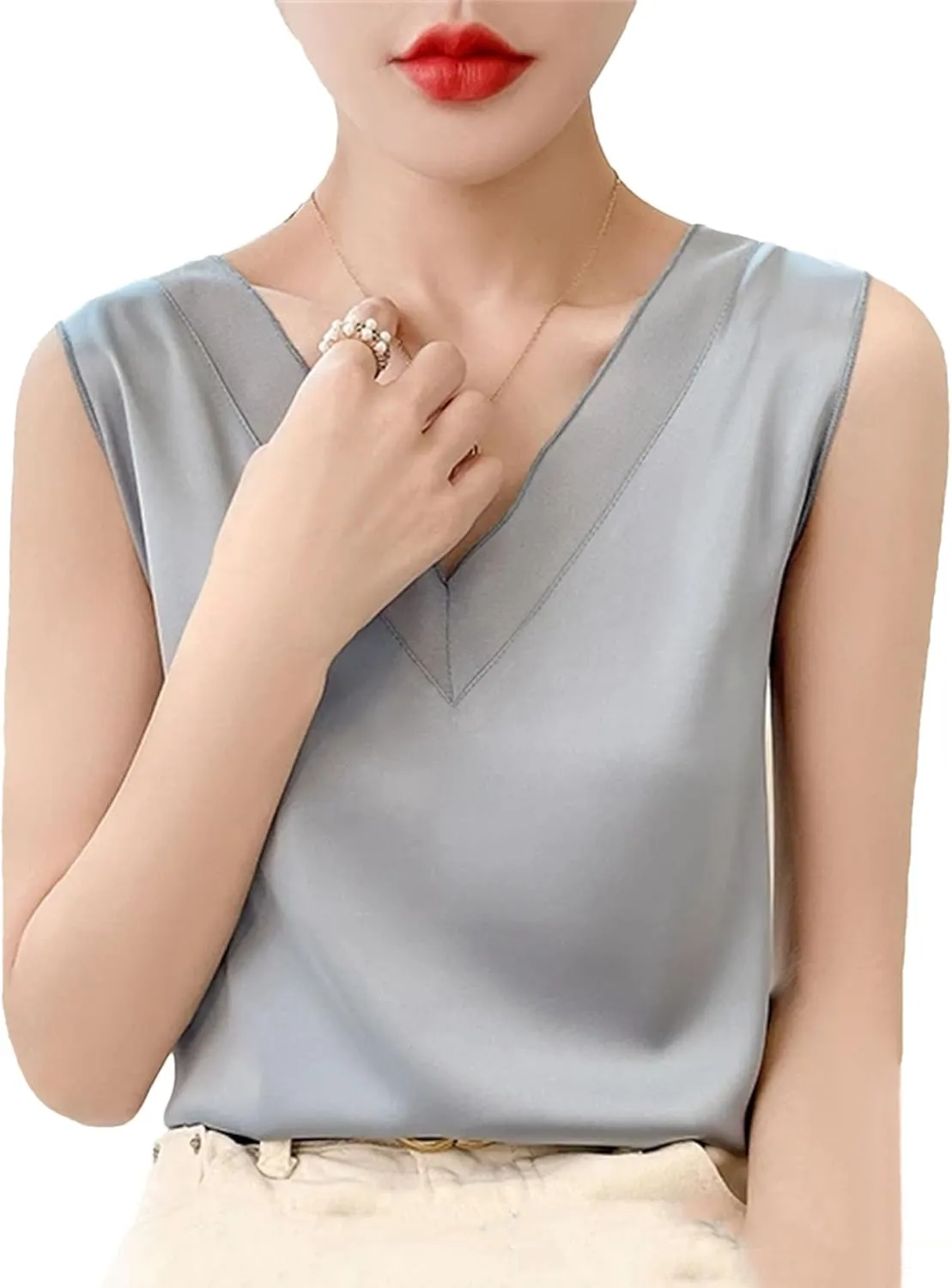 Women's Lightweight Satin Tank Top & Camisole Summer V-Neck Sleeveless Vest Loose Fit Casual Blouse to Wear Under Blazers
