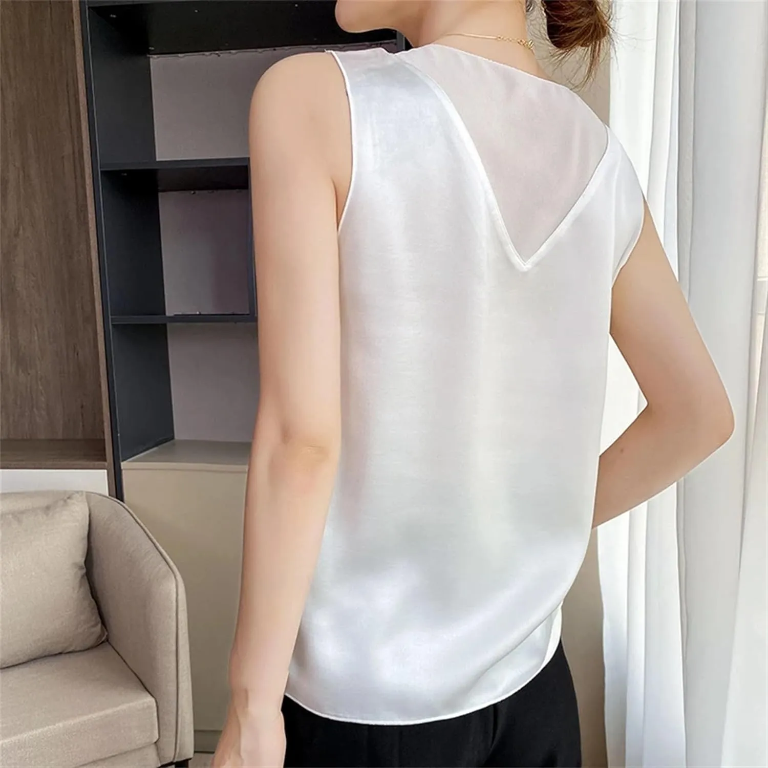 Women's Lightweight Satin Tank Top & Camisole Summer V-Neck Sleeveless Vest Loose Fit Casual Blouse to Wear Under Blazers