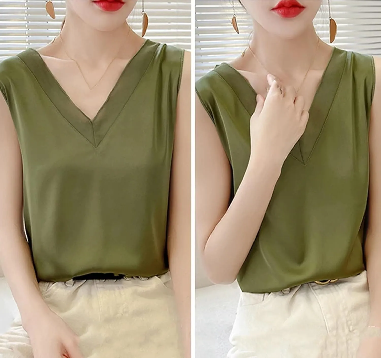 Women's Lightweight Satin Tank Top & Camisole Summer V-Neck Sleeveless Vest Loose Fit Casual Blouse to Wear Under Blazers