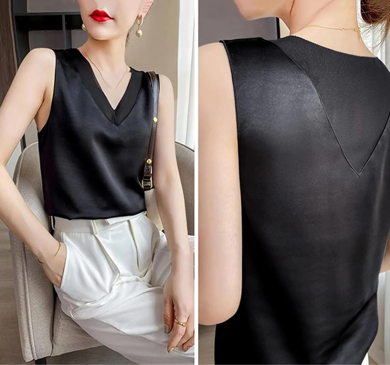 Women's Lightweight Satin Tank Top & Camisole Summer V-Neck Sleeveless Vest Loose Fit Casual Blouse to Wear Under Blazers