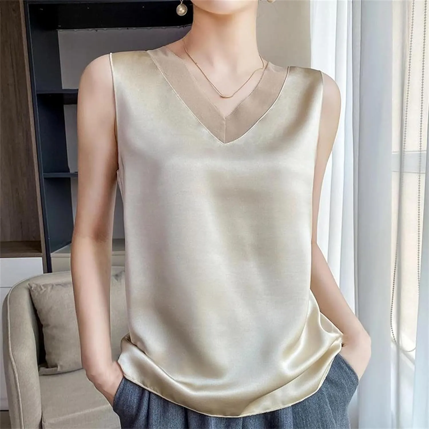 Women's Lightweight Satin Tank Top & Camisole Summer V-Neck Sleeveless Vest Loose Fit Casual Blouse to Wear Under Blazers