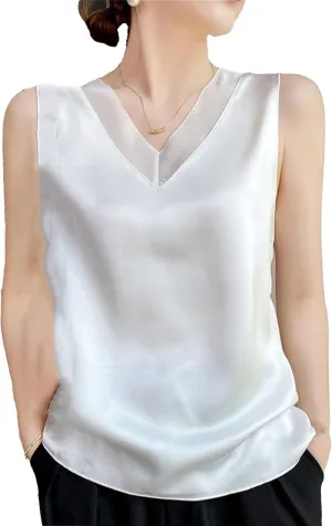 Women's Lightweight Satin Tank Top & Camisole Summer V-Neck Sleeveless Vest Loose Fit Casual Blouse to Wear Under Blazers