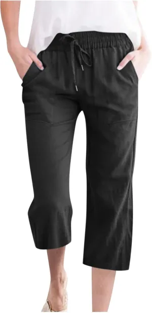 Womens Linen Capri Pants Drawstring Palazzo Trousers Wide Leg Athletic Casual Pants 2025 Trendy Summer Loose Fit Pant
