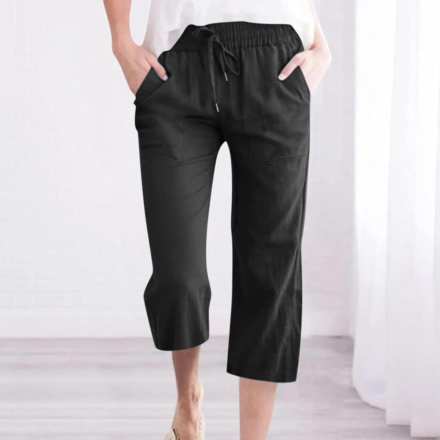 Womens Linen Capri Pants Drawstring Palazzo Trousers Wide Leg Athletic Casual Pants 2025 Trendy Summer Loose Fit Pant
