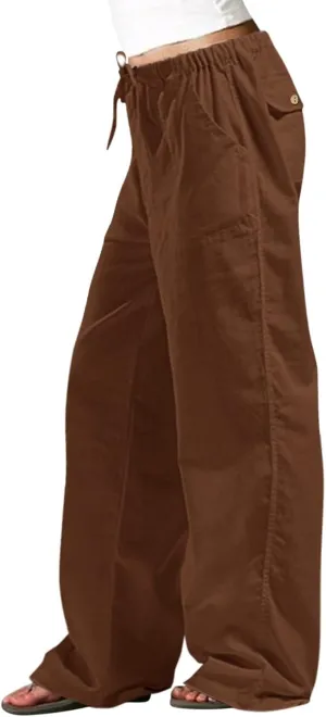 Womens Linen Pants 2025 Womens Casual Solid Color Loose Pockets Elastic Belt Waist Pants Long Trousers Harem Pants