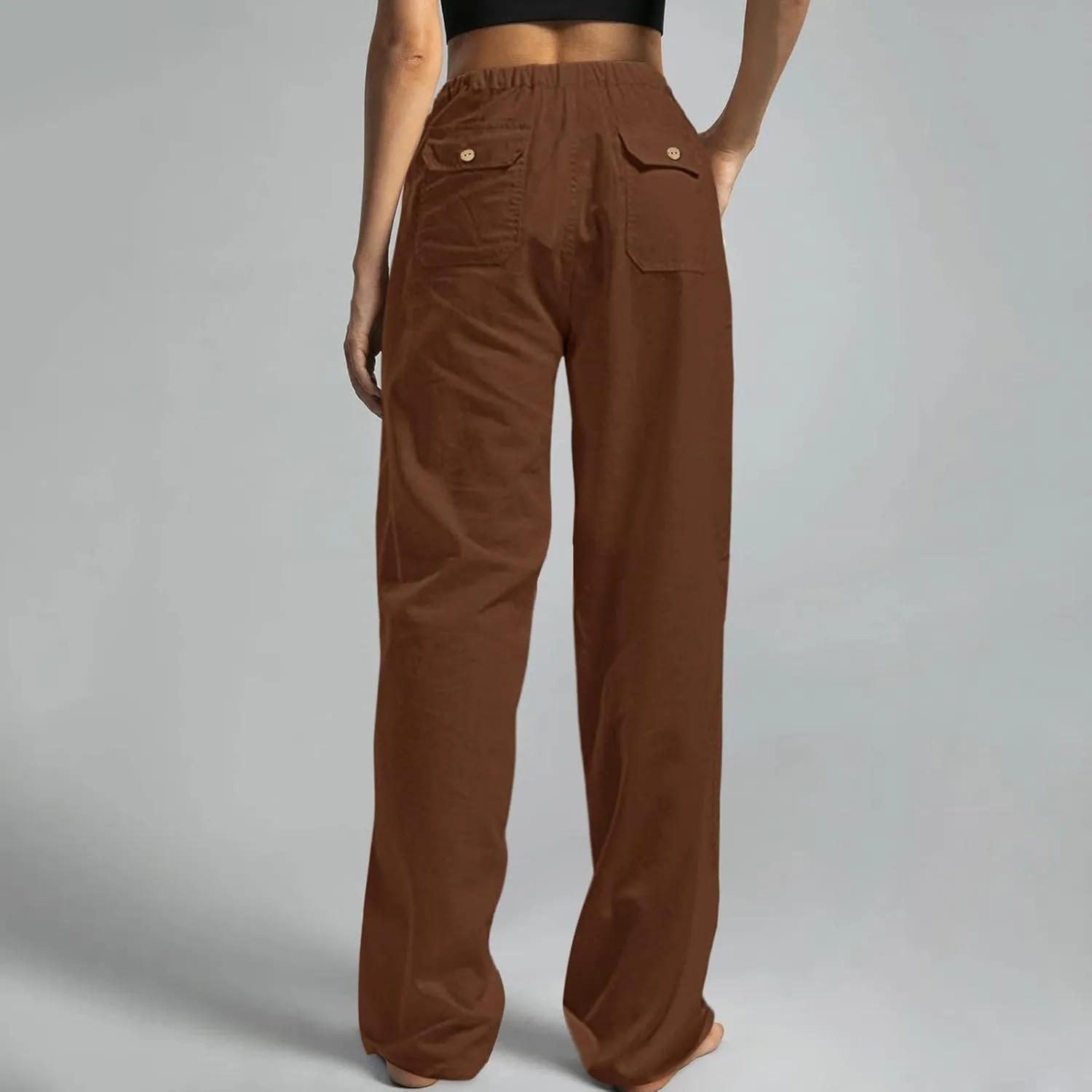 Womens Linen Pants 2025 Womens Casual Solid Color Loose Pockets Elastic Belt Waist Pants Long Trousers Harem Pants