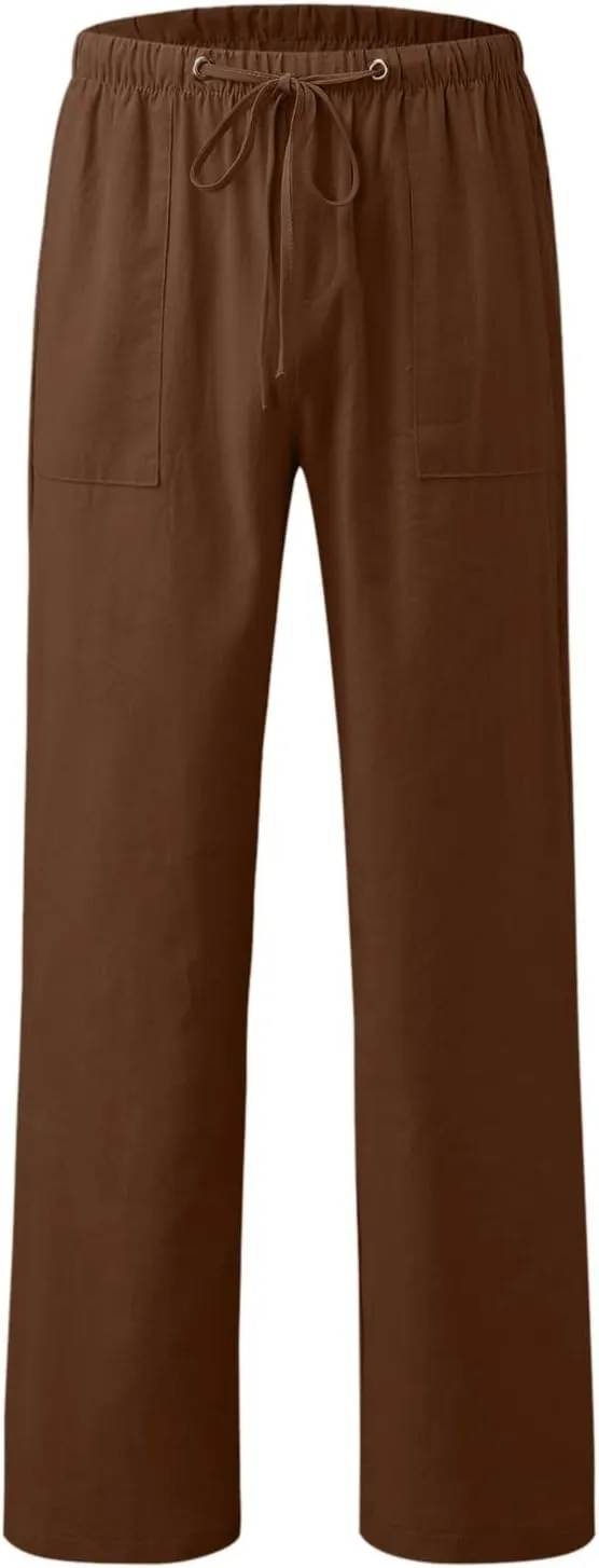 Womens Linen Pants 2025 Womens Casual Solid Color Loose Pockets Elastic Belt Waist Pants Long Trousers Harem Pants