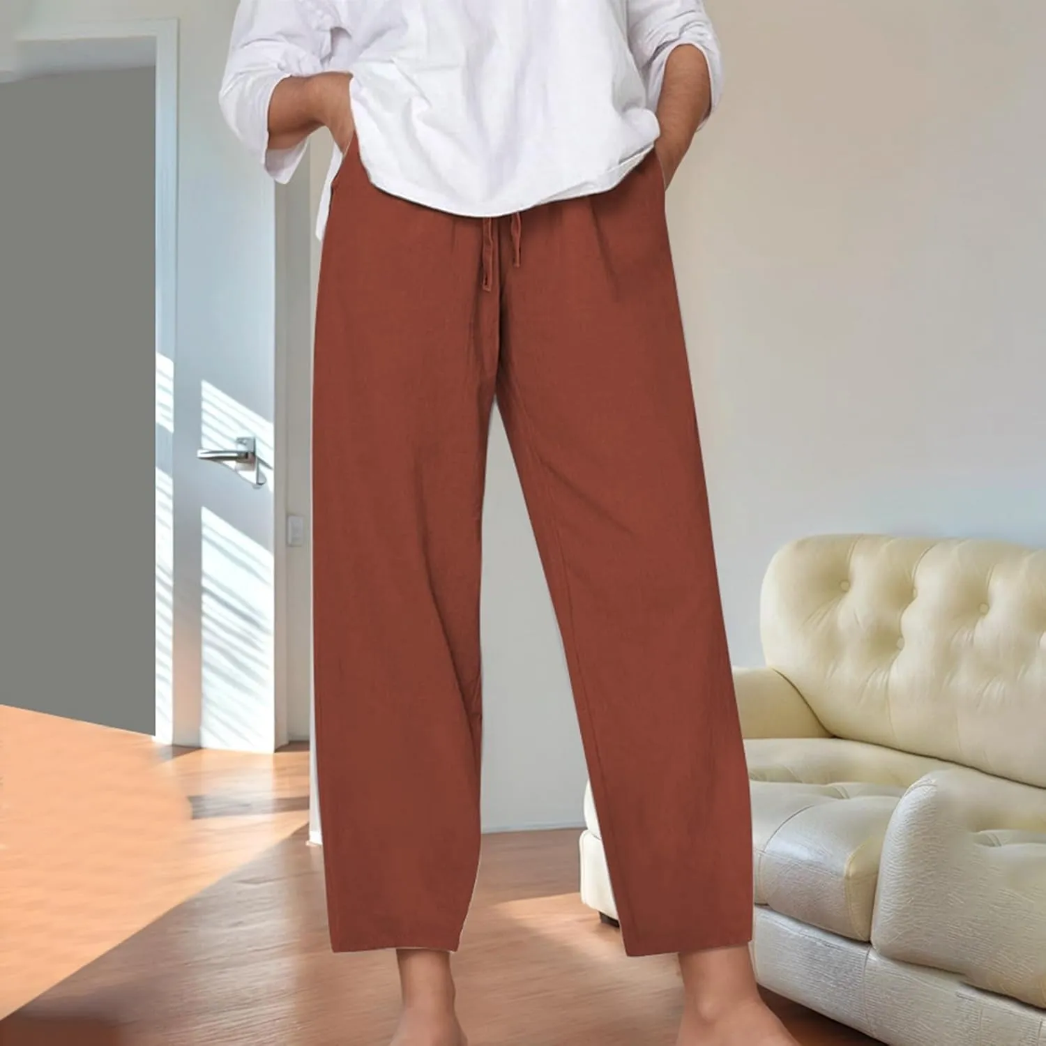 Women's Linen Pants Casual 2025 Solid Loose Drawstring Pants Elastic Waist Straight Leg Baggy Trousers with Pockets