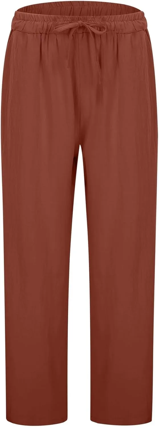 Women's Linen Pants Casual 2025 Solid Loose Drawstring Pants Elastic Waist Straight Leg Baggy Trousers with Pockets