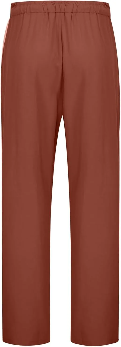 Women's Linen Pants Casual 2025 Solid Loose Drawstring Pants Elastic Waist Straight Leg Baggy Trousers with Pockets