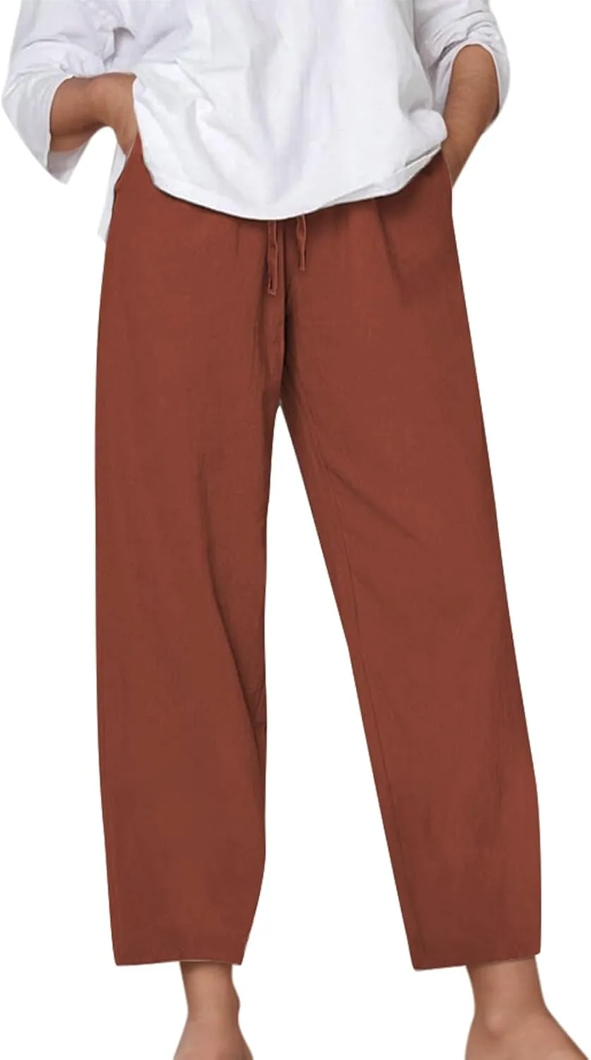 Women's Linen Pants Casual 2025 Solid Loose Drawstring Pants Elastic Waist Straight Leg Baggy Trousers with Pockets