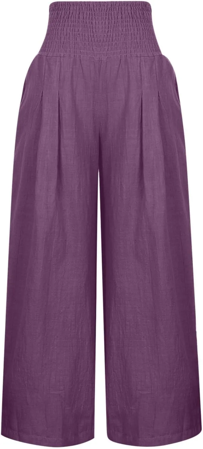Womens Linen Pants Elastic High Waisted Wide Leg Palazzo Trousers Casual Loose Beach Vacation Clothes with Pockets