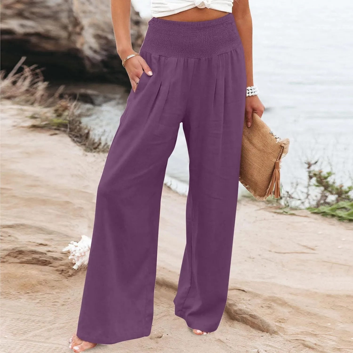 Womens Linen Pants Elastic High Waisted Wide Leg Palazzo Trousers Casual Loose Beach Vacation Clothes with Pockets