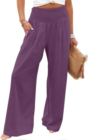 Womens Linen Pants Elastic High Waisted Wide Leg Palazzo Trousers Casual Loose Beach Vacation Clothes with Pockets