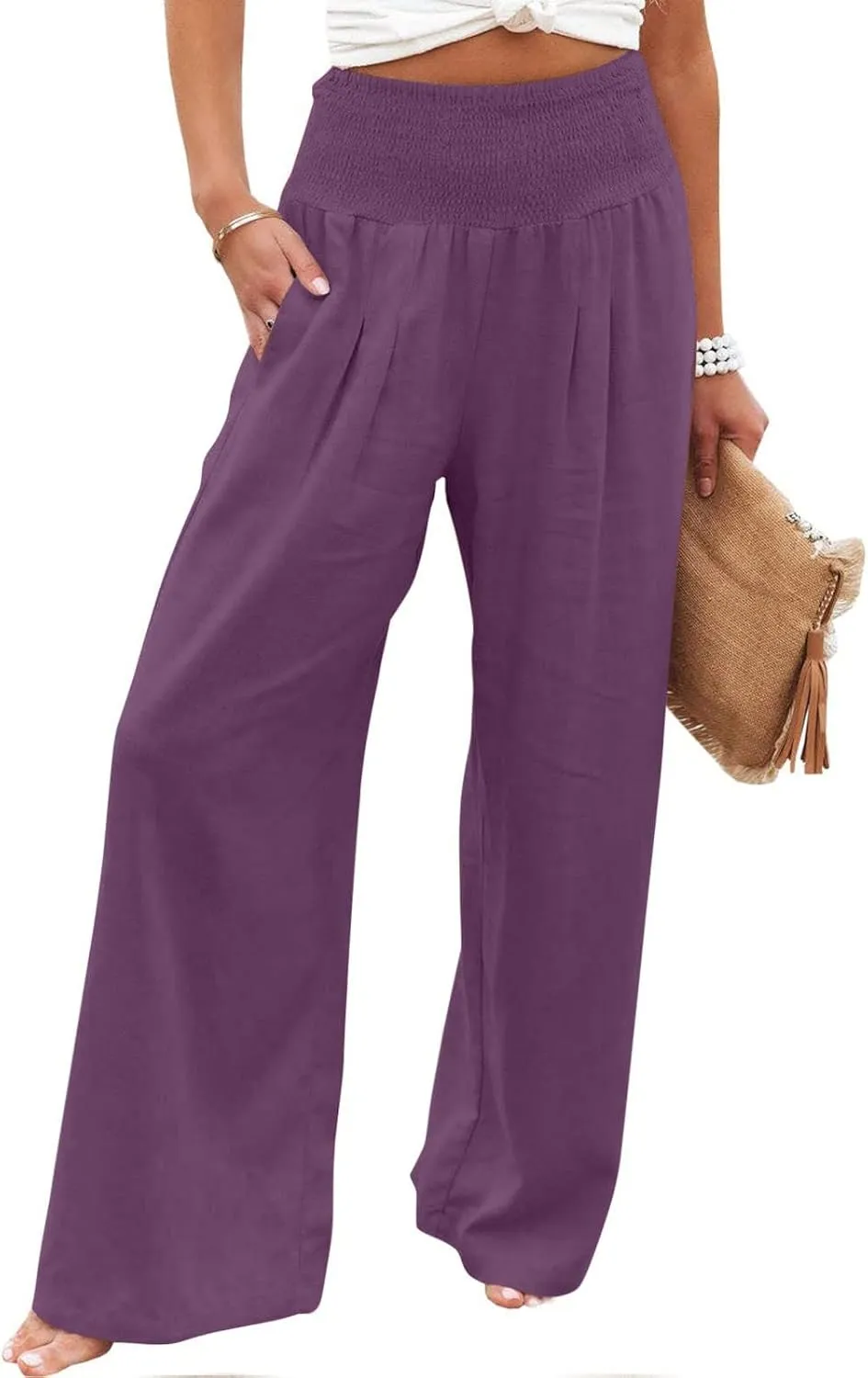 Womens Linen Pants Elastic High Waisted Wide Leg Palazzo Trousers Casual Loose Beach Vacation Clothes with Pockets
