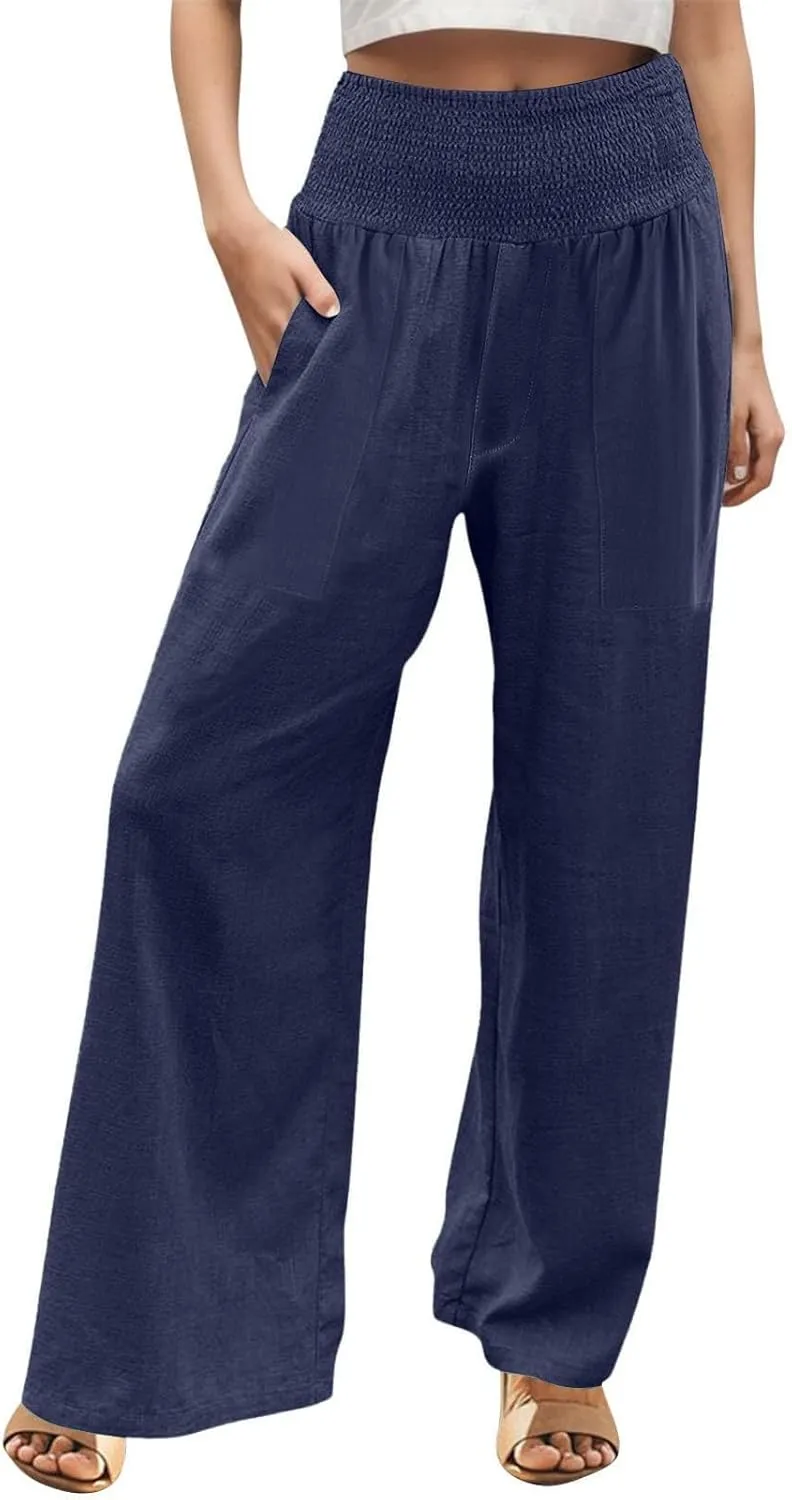 Womens Linen Pants Smocked High Waisted Wide Leg Palazzo Pants Elastic Waist Flowy Boho Beach Trousers with Pockets