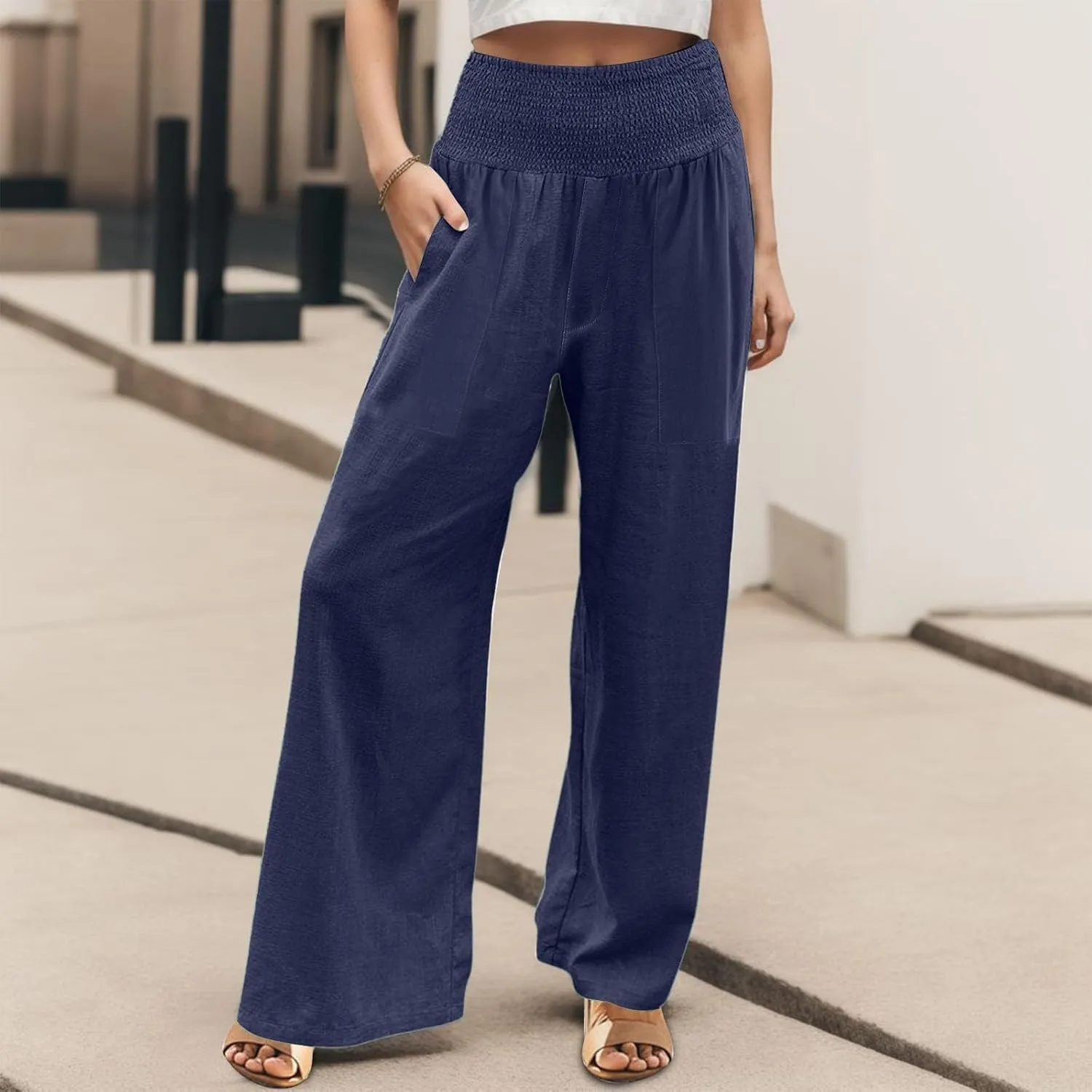 Womens Linen Pants Smocked High Waisted Wide Leg Palazzo Pants Elastic Waist Flowy Boho Beach Trousers with Pockets